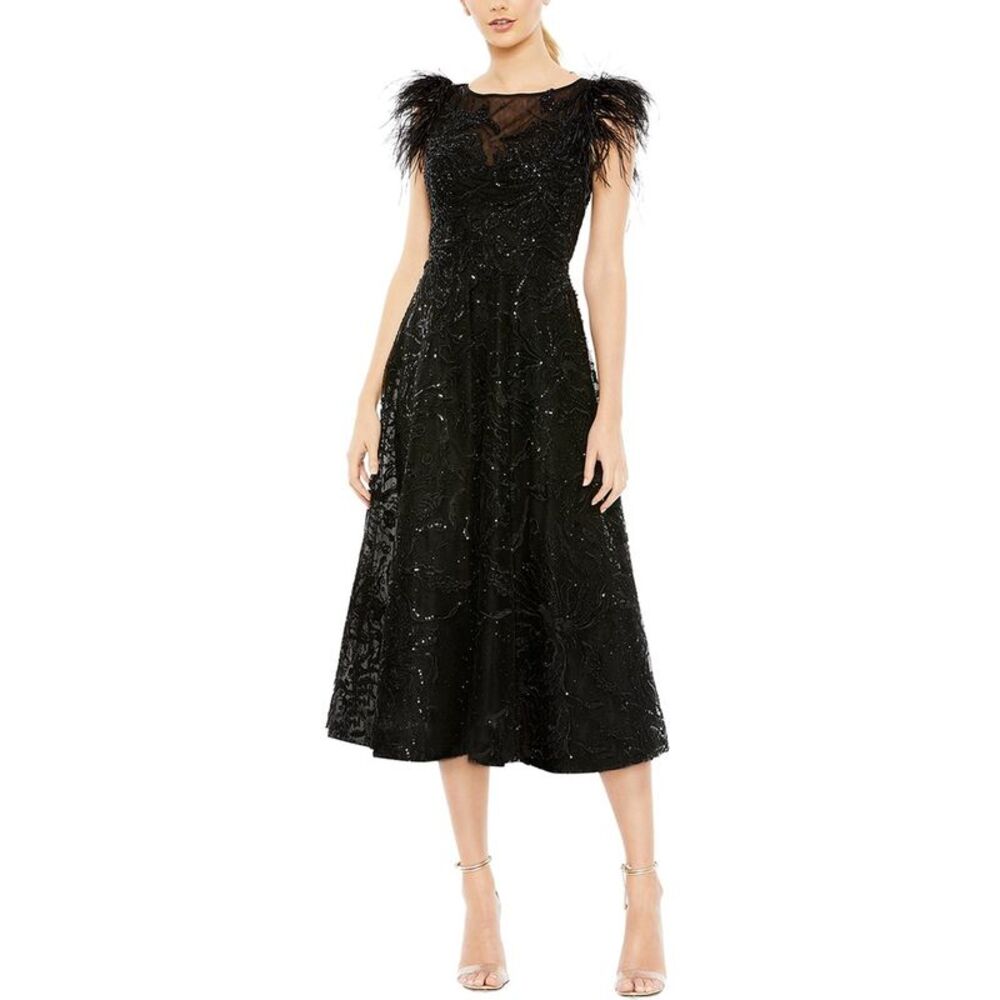 Mac Duggal Womens Feather Shoulder Embellished Dress, Black